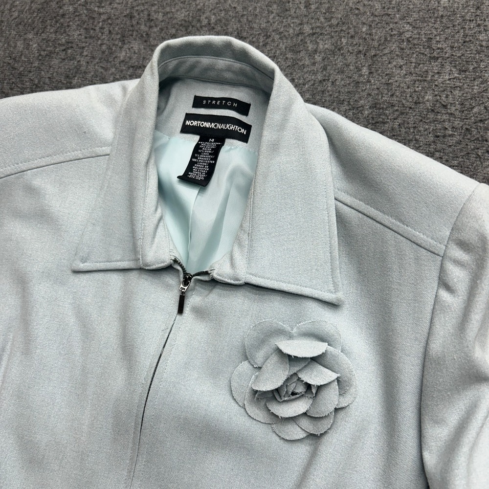Norton McNaughton Blazer Jacket Womens 14 Work Career Light‎ Blue Zip Flower Pin